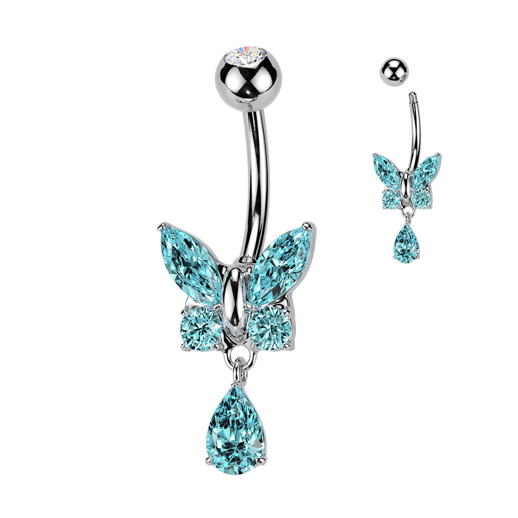 316L Surgical Steel CZ Butterfly With Teardrop CZ Dangle Belly Button Ring - Pic&Mix The Body Jewellery Shop
