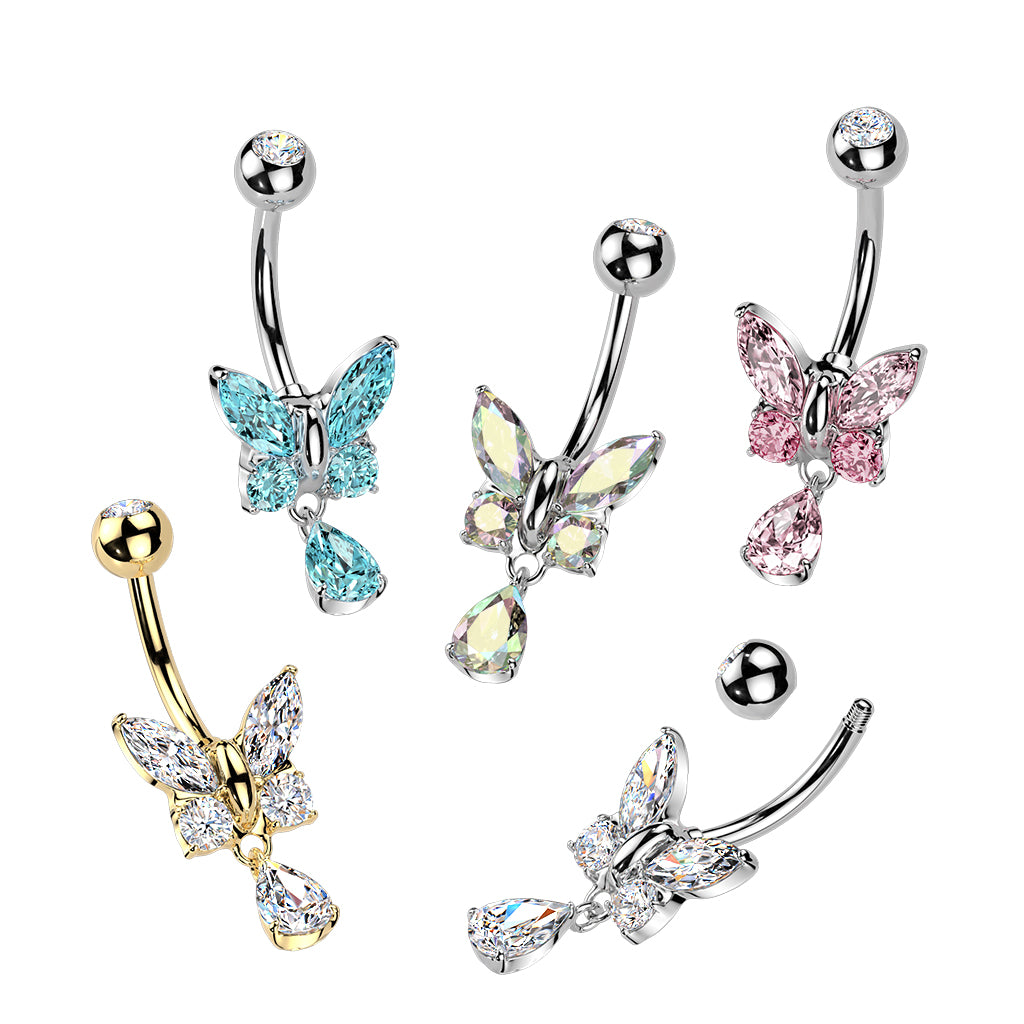 316L Surgical Steel CZ Butterfly With Teardrop CZ Dangle Belly Button Ring - Pic&Mix The Body Jewellery Shop