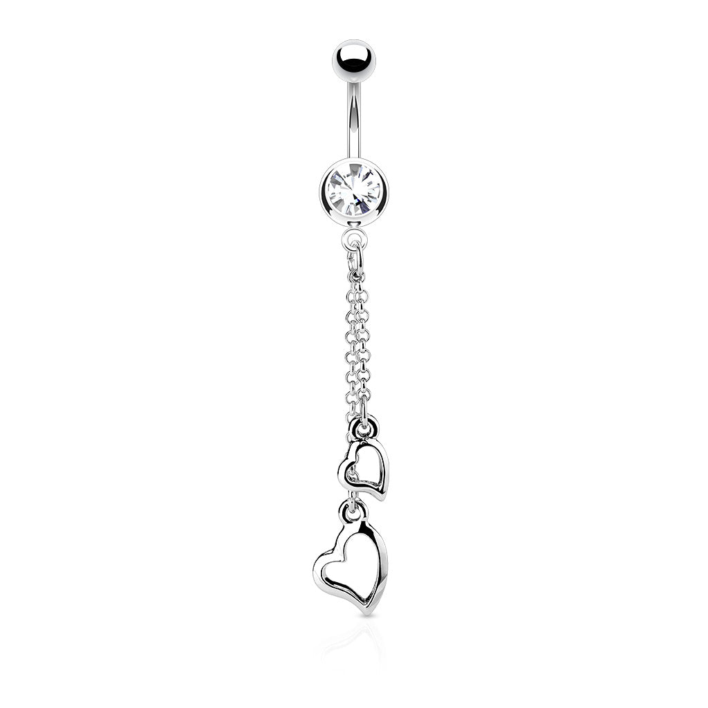Two Heart Chain Dangle With 316L Surgical Steel CZ Belly Ring - Pic&Mix The Body Jewellery Shop