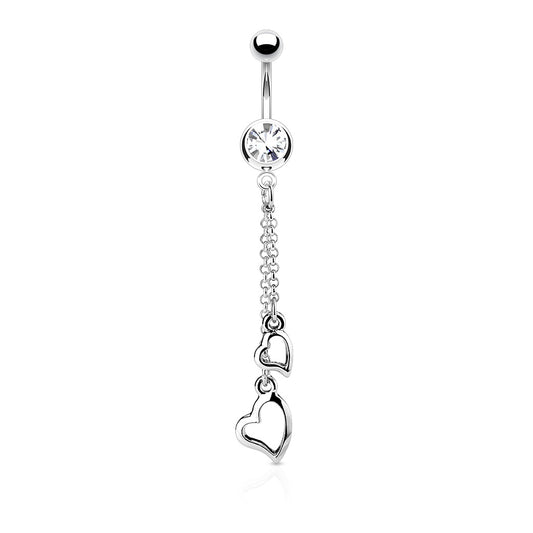 Two Heart Chain Dangle With 316L Surgical Steel CZ Belly Ring - Pic&Mix The Body Jewellery Shop