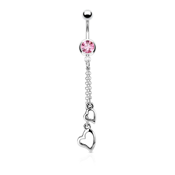 Two Heart Chain Dangle With 316L Surgical Steel CZ Belly Ring