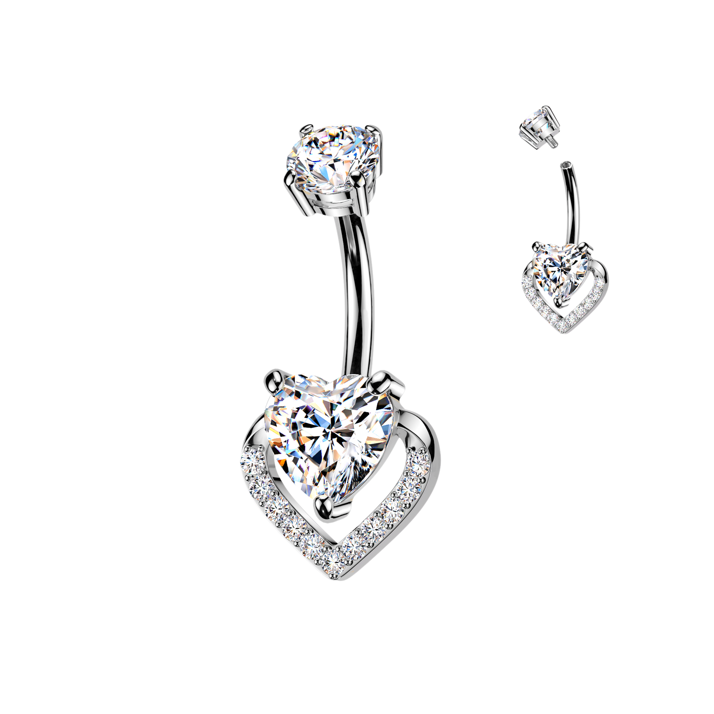316L Belly Button Ring With Prong Set Heart CZ & Pave CZ Heart - Pic&Mix The Body Jewellery Shop