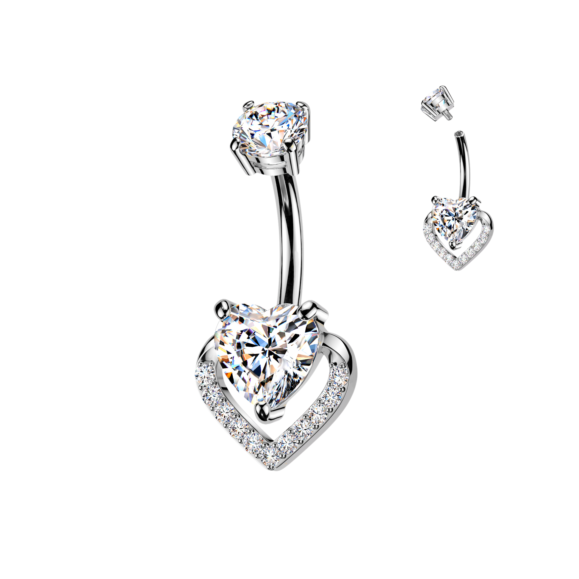 316L Belly Button Ring With Prong Set Heart CZ & Pave CZ Heart - Pic&Mix The Body Jewellery Shop