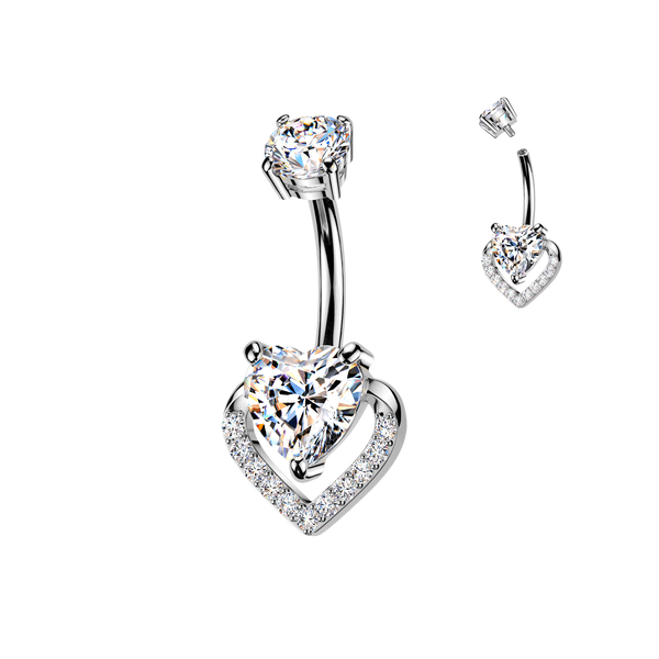 316L Belly Button Ring With Prong Set Heart CZ & Pave CZ Heart