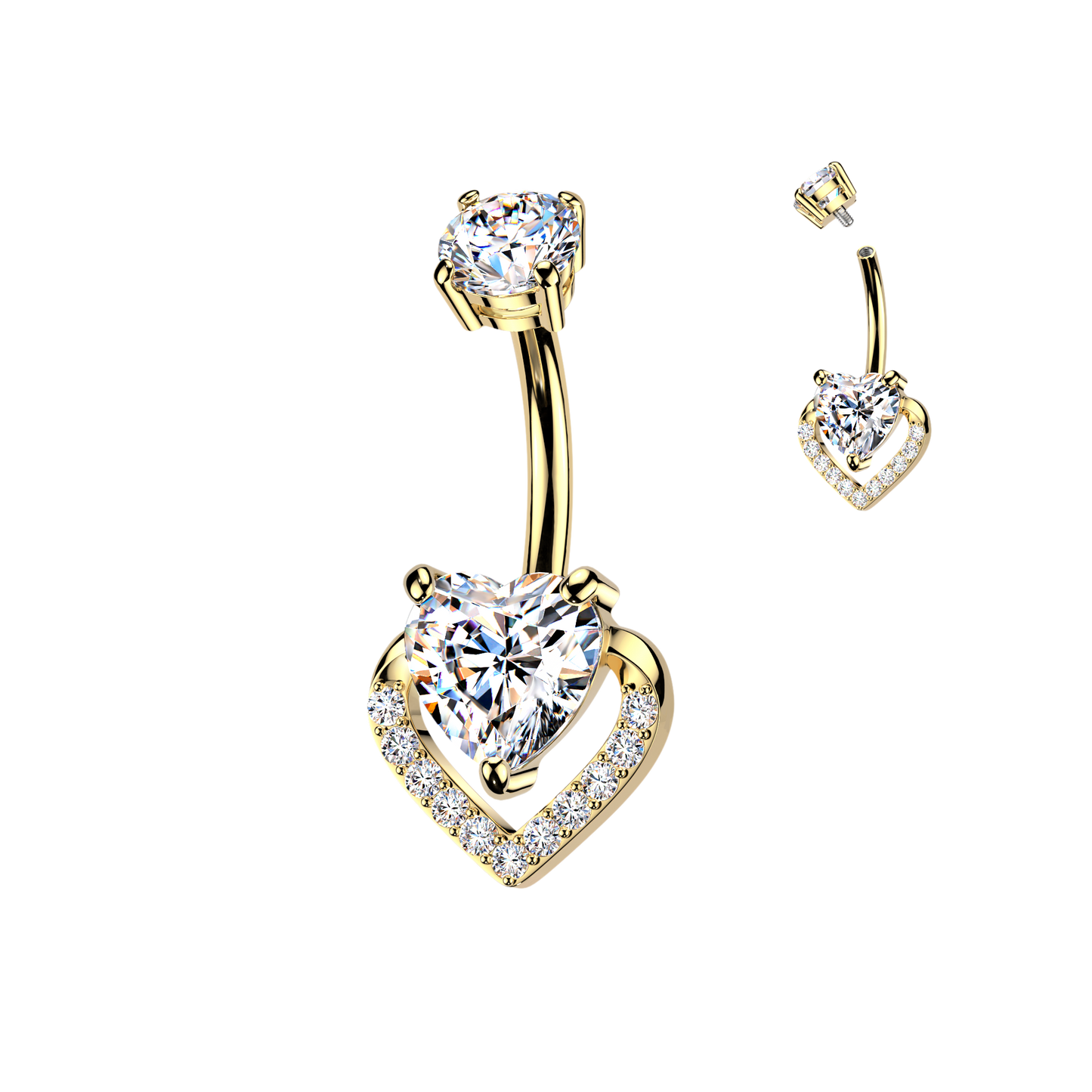 316L Belly Button Ring With Prong Set Heart CZ & Pave CZ Heart - Pic&Mix The Body Jewellery Shop