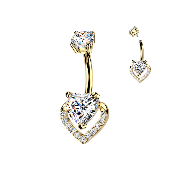 316L Belly Button Ring With Prong Set Heart CZ & Pave CZ Heart