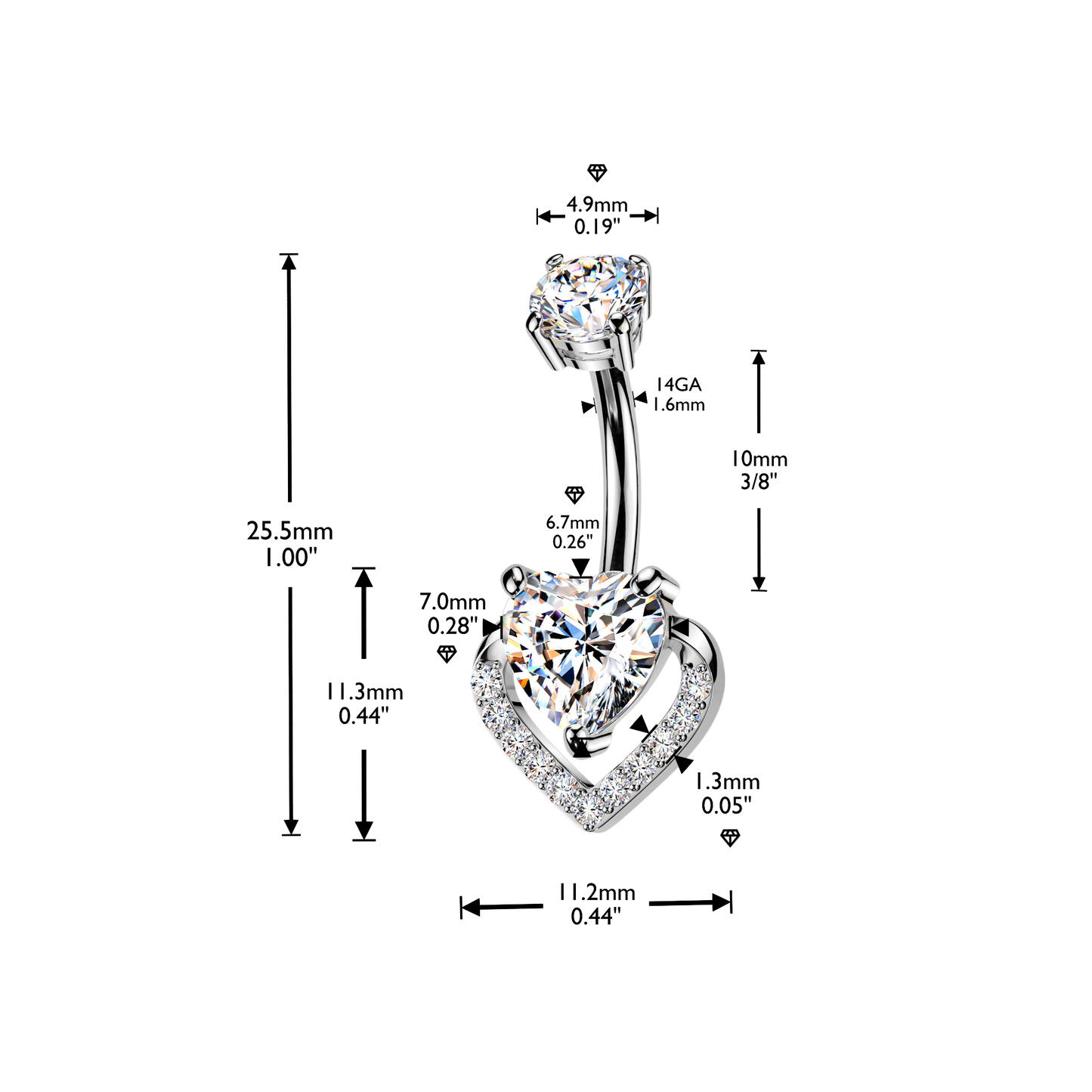 316L Belly Button Ring With Prong Set Heart CZ & Pave CZ Heart - Pic&Mix The Body Jewellery Shop