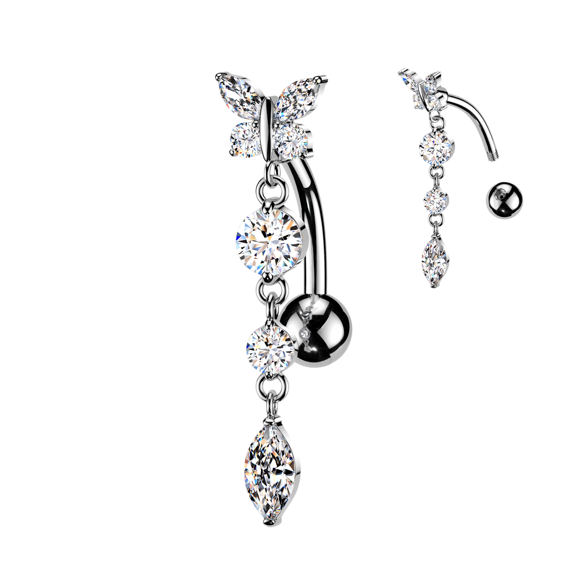 316L CZ Butterfly Top Down Reverse Belly Ring With Round & Marquise CZ Dangle - Pic&Mix The Body Jewellery Shop
