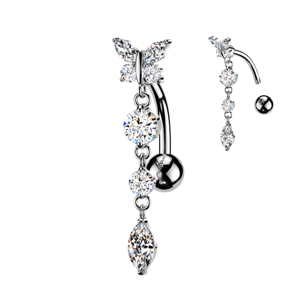 316L CZ Butterfly Top Down Reverse Belly Ring With Round & Marquise CZ Dangle