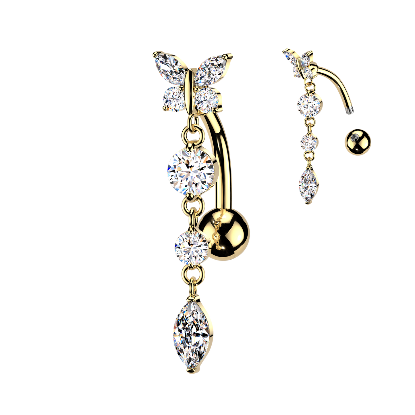 316L CZ Butterfly Top Down Reverse Belly Ring With Round & Marquise CZ Dangle - Pic&Mix The Body Jewellery Shop