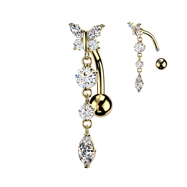 316L CZ Butterfly Top Down Reverse Belly Ring With Round & Marquise CZ Dangle