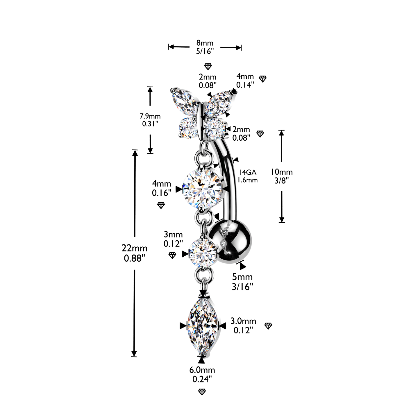 316L CZ Butterfly Top Down Reverse Belly Ring With Round & Marquise CZ Dangle - Pic&Mix The Body Jewellery Shop