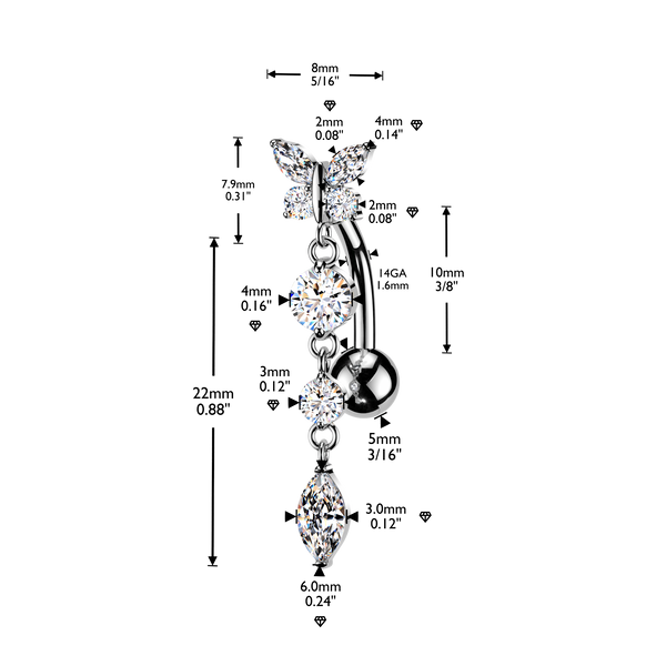316L CZ Butterfly Top Down Reverse Belly Ring With Round & Marquise CZ Dangle