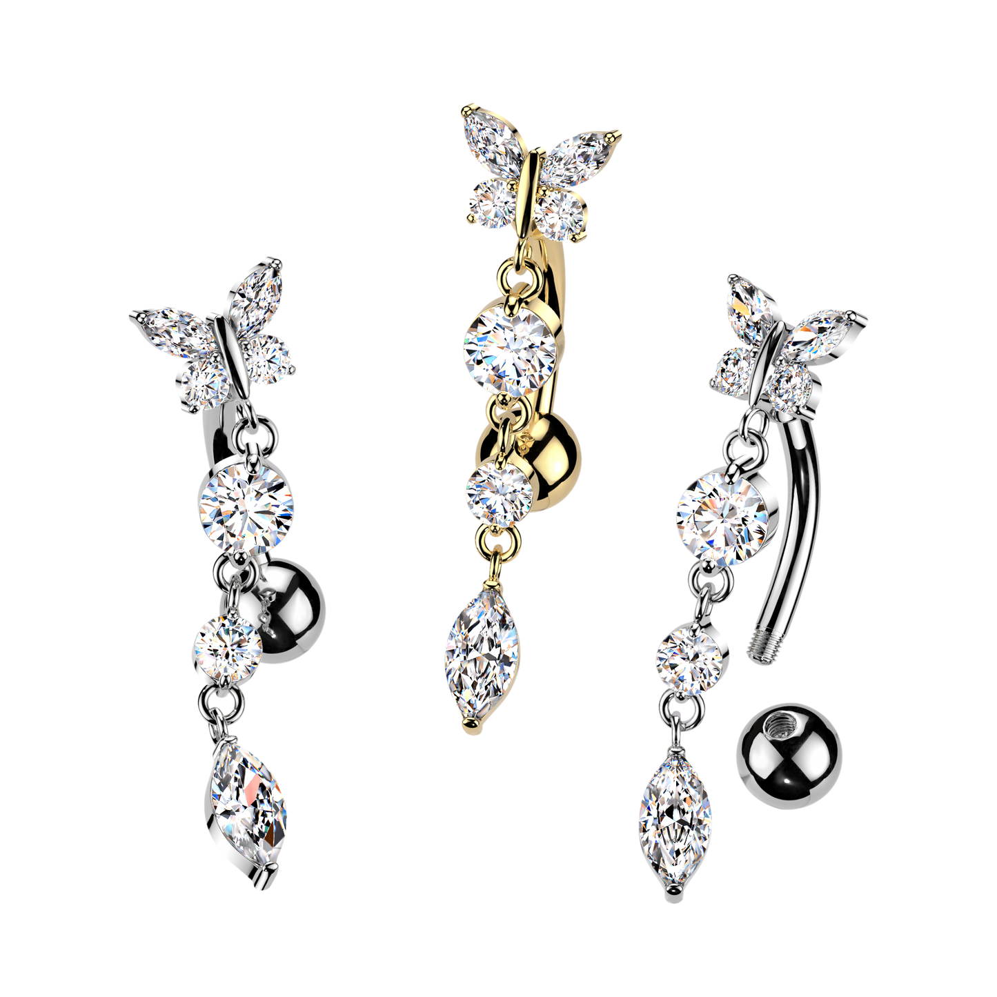 316L CZ Butterfly Top Down Reverse Belly Ring With Round & Marquise CZ Dangle - Pic&Mix The Body Jewellery Shop
