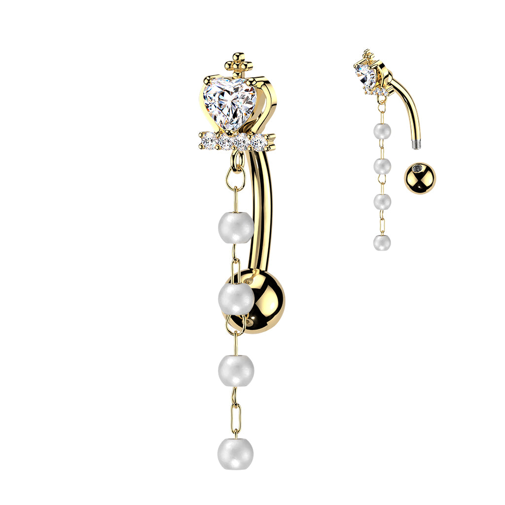Cross & Heart CZ Crown Top Down Reverse Belly Ring With Pearl Dangles