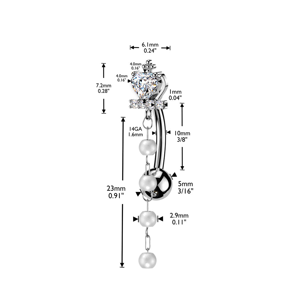 Cross & Heart CZ Crown Top Down Reverse Belly Ring With Pearl Dangles