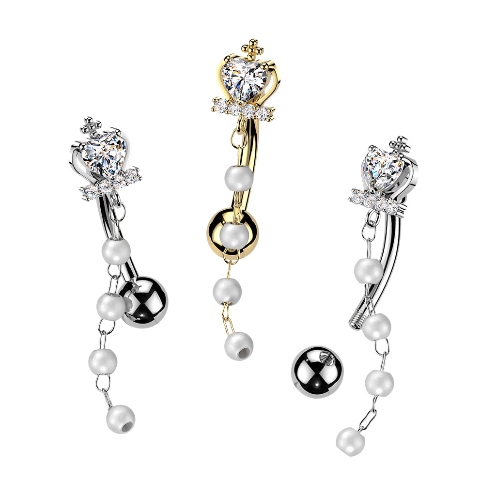 Cross & Heart CZ Crown Top Down Reverse Belly Ring With Pearl Dangles