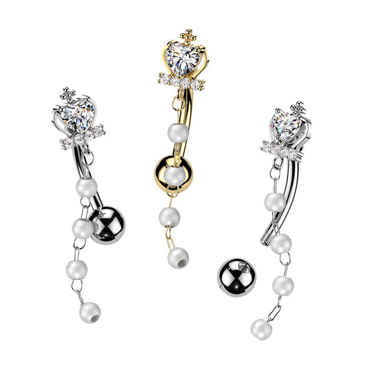Cross & Heart CZ Crown Top Down Reverse Belly Ring With Pearl Dangles