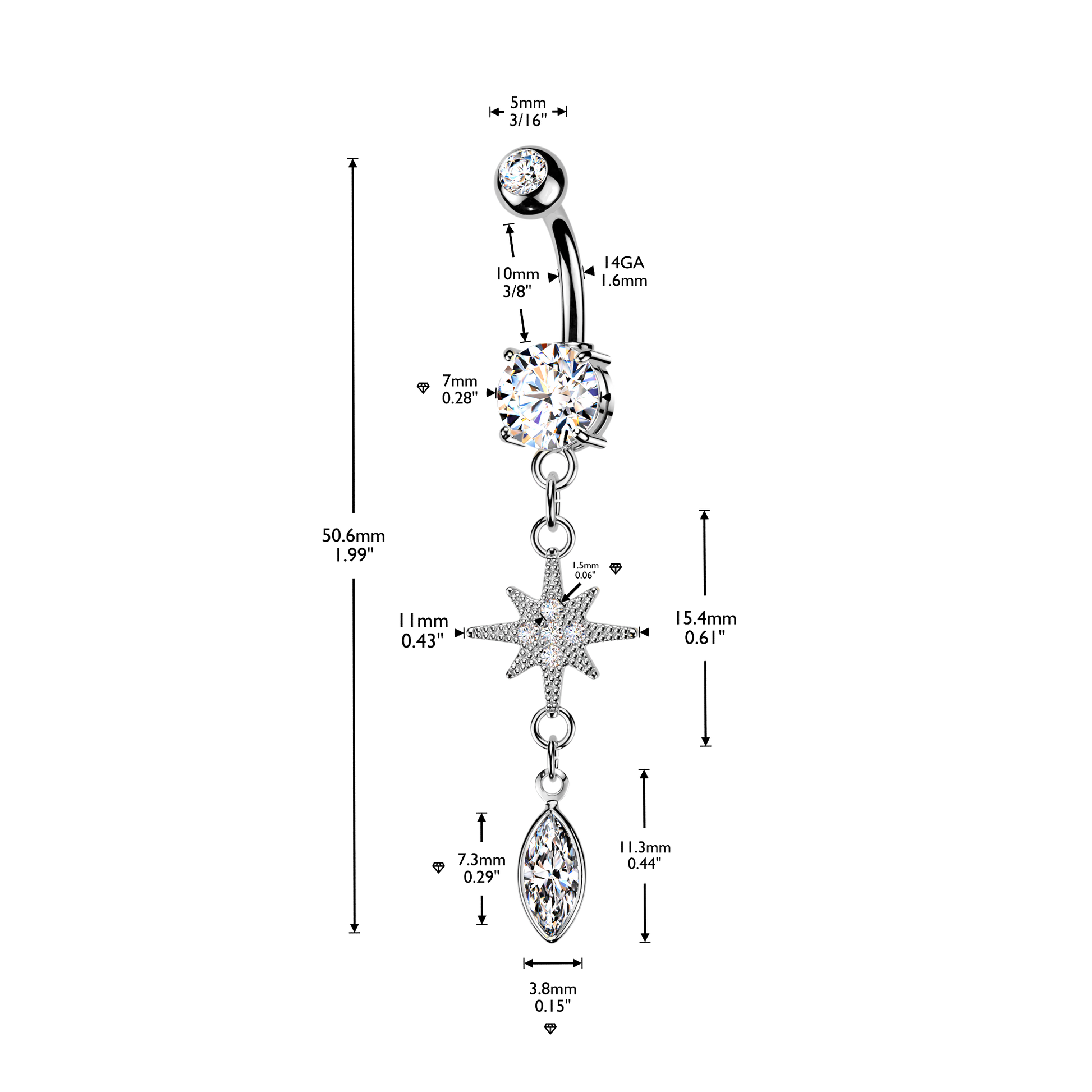 Starburst marquise 316L Double Jeweled Belly Ring - Pic&Mix The Body Jewellery Shop