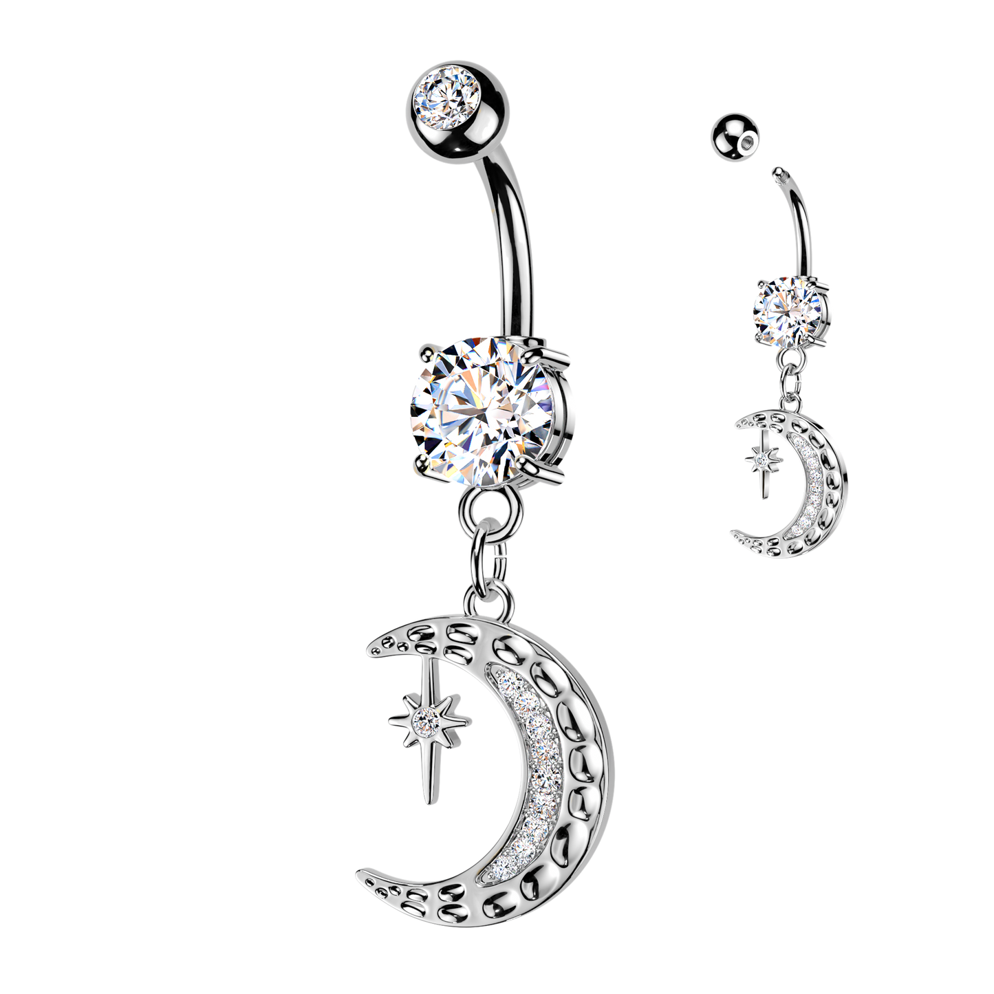 Moon/Star Dangle 316L Double Jeweled Belly Ring - Pic&Mix The Body Jewellery Shop