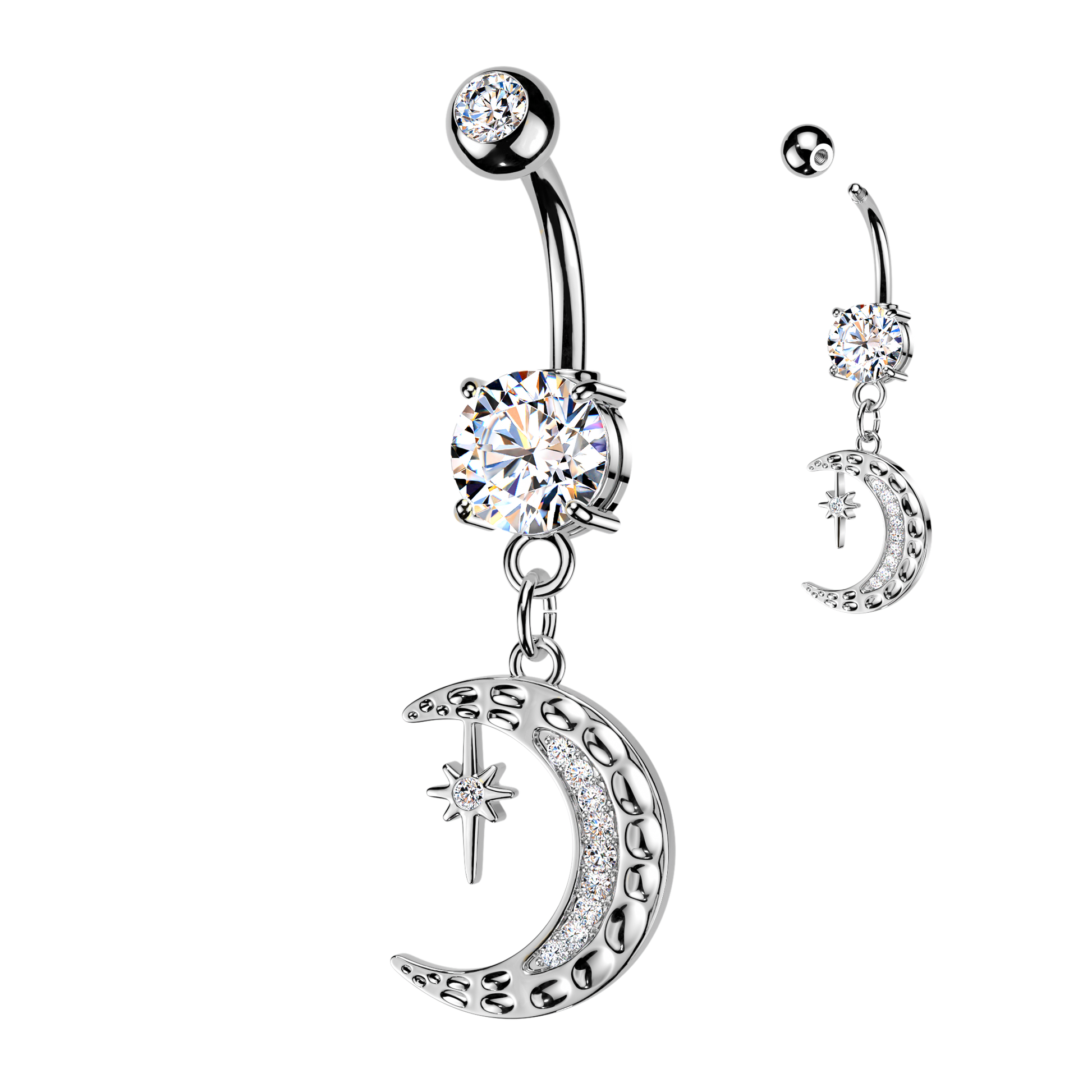 Moon/Star Dangle 316L Double Jeweled Belly Ring - Pic&Mix The Body Jewellery Shop