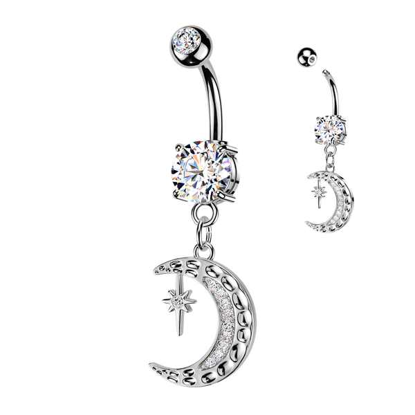 Moon/Star Dangle 316L Double Jeweled Belly Ring