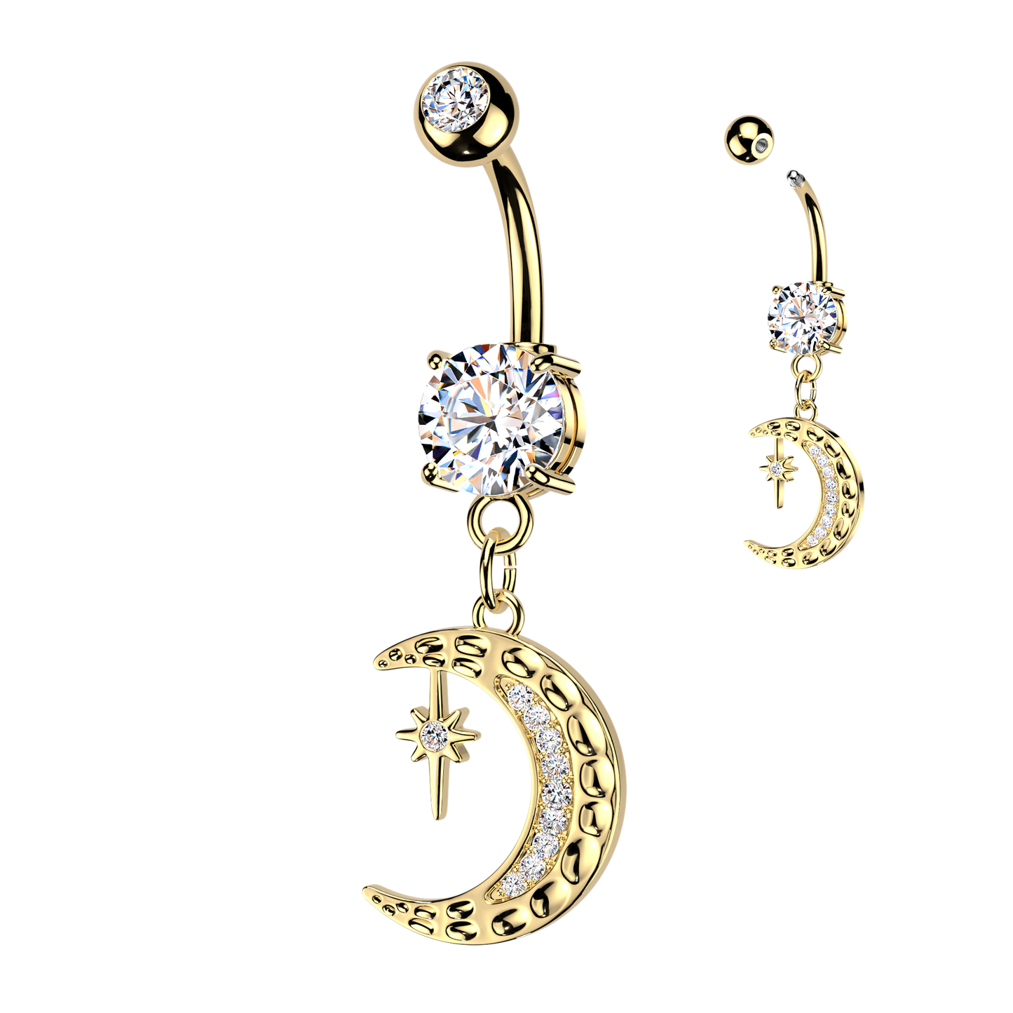 Moon/Star Dangle 316L Double Jeweled Belly Ring - Pic&Mix The Body Jewellery Shop