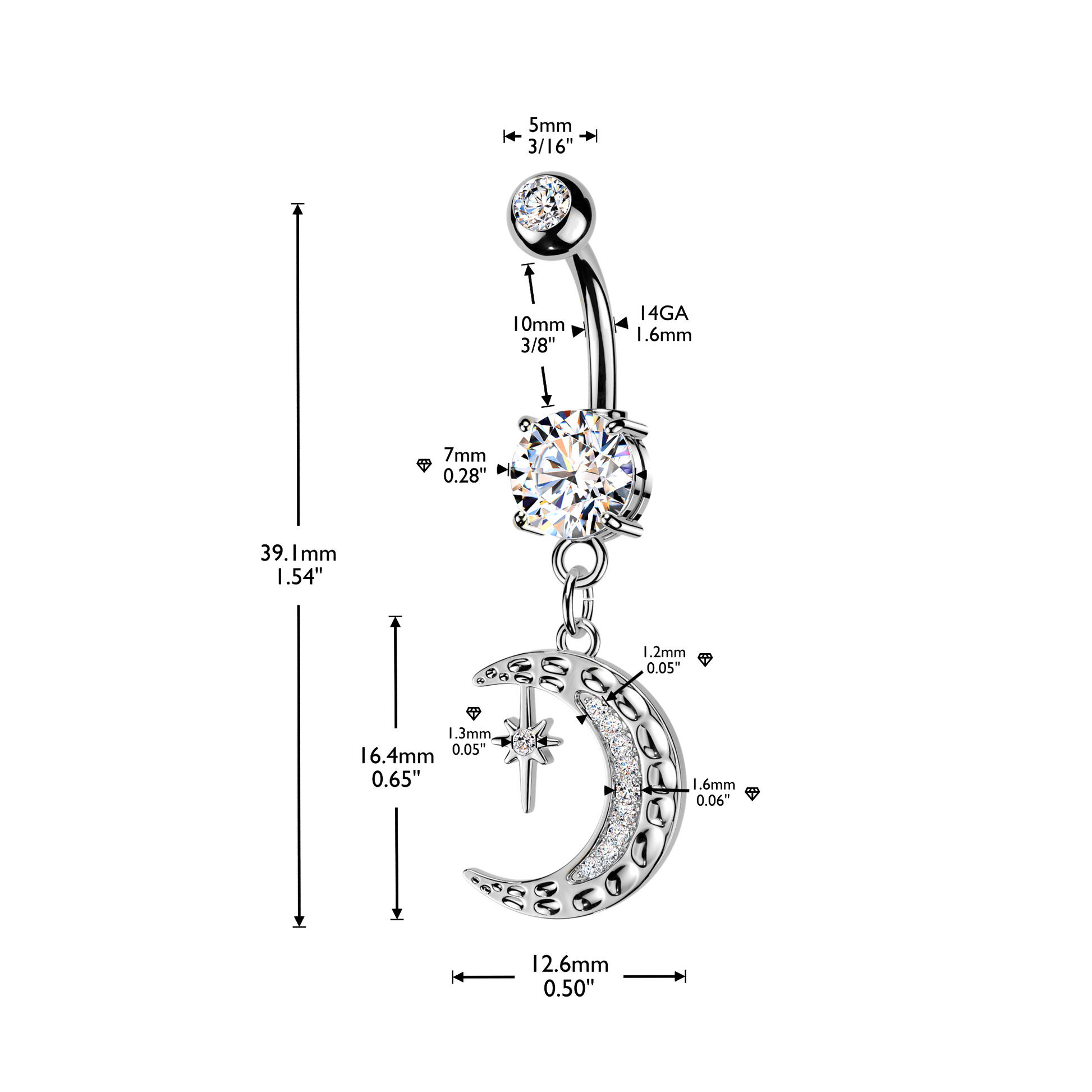 Moon/Star Dangle 316L Double Jeweled Belly Ring - Pic&Mix The Body Jewellery Shop