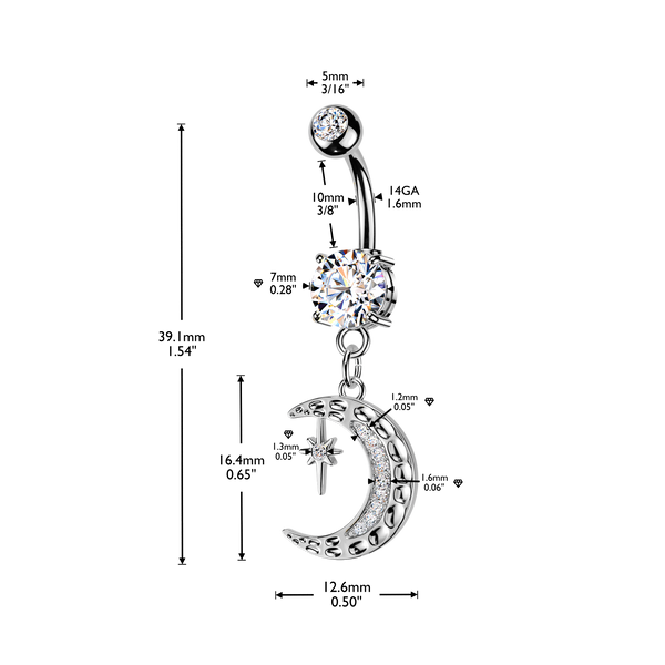 Moon/Star Dangle 316L Double Jeweled Belly Ring
