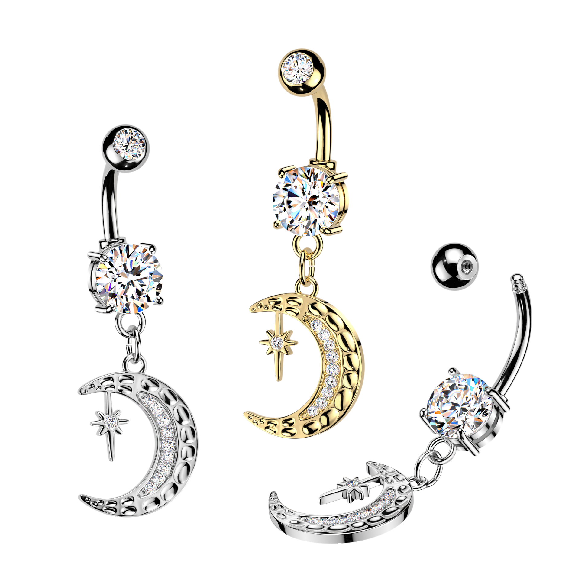 Moon/Star Dangle 316L Double Jeweled Belly Ring - Pic&Mix The Body Jewellery Shop