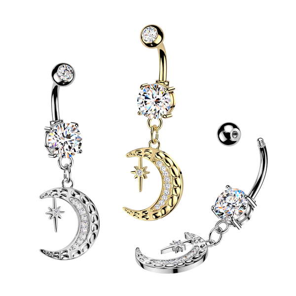 Moon/Star Dangle 316L Double Jeweled Belly Ring