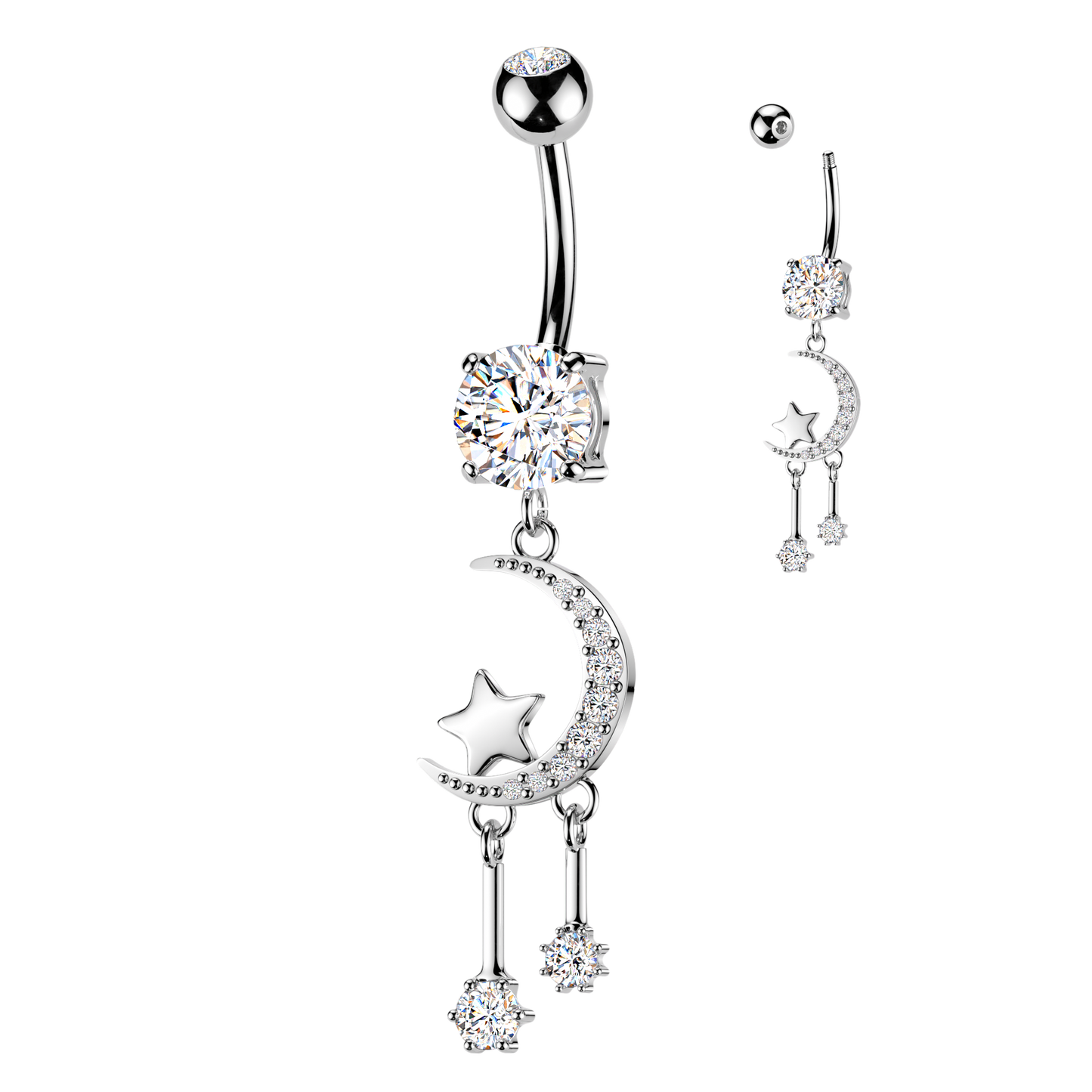 Crescent moon dangles 316L Double Jeweled Belly Ring - Pic&Mix The Body Jewellery Shop