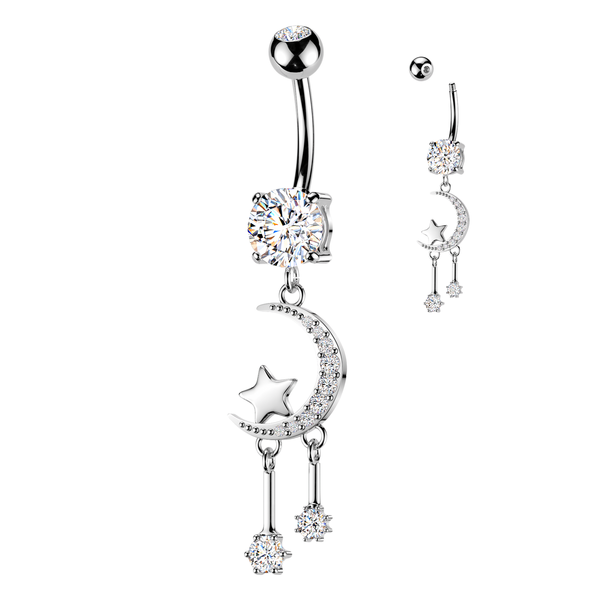 Crescent moon dangles 316L Double Jeweled Belly Ring - Pic&Mix The Body Jewellery Shop