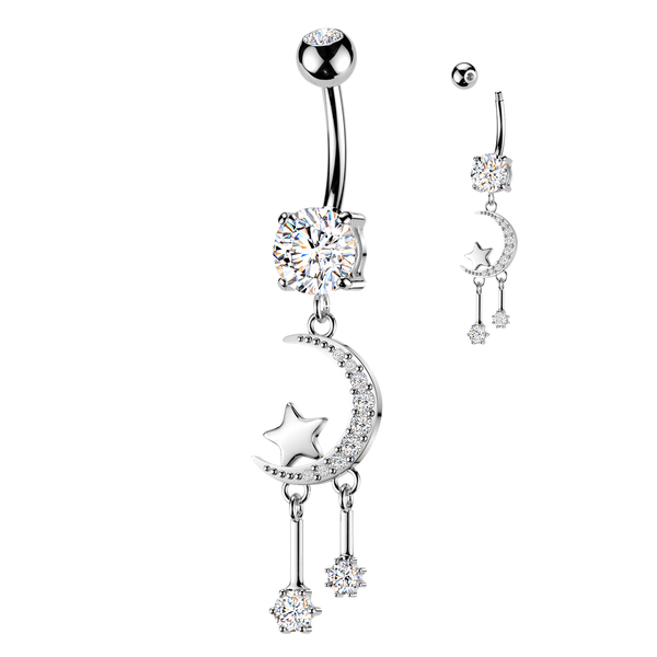 Crescent moon dangles 316L Double Jeweled Belly Ring