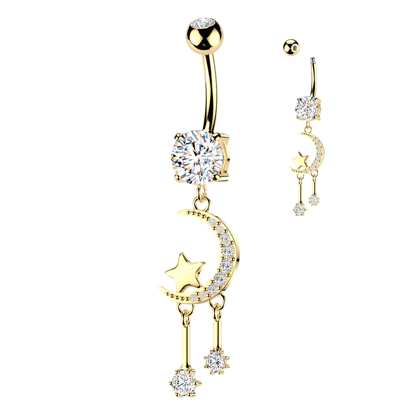 Crescent moon dangles 316L Double Jeweled Belly Ring - Pic&Mix The Body Jewellery Shop
