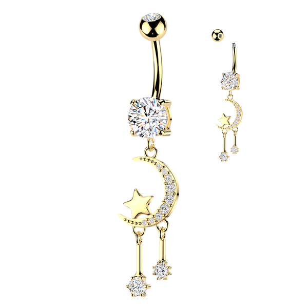 Crescent moon dangles 316L Double Jeweled Belly Ring