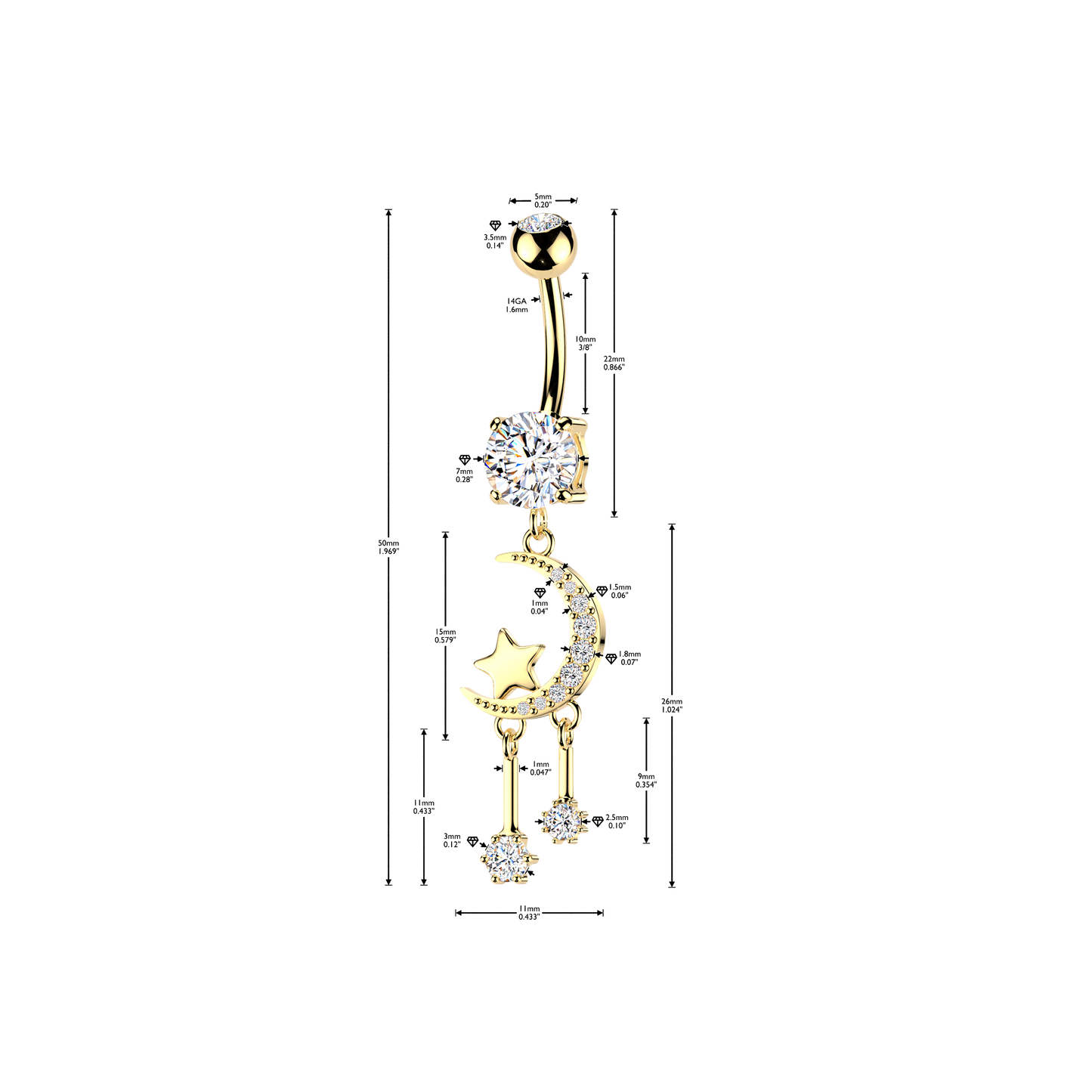 Crescent moon dangles 316L Double Jeweled Belly Ring - Pic&Mix The Body Jewellery Shop