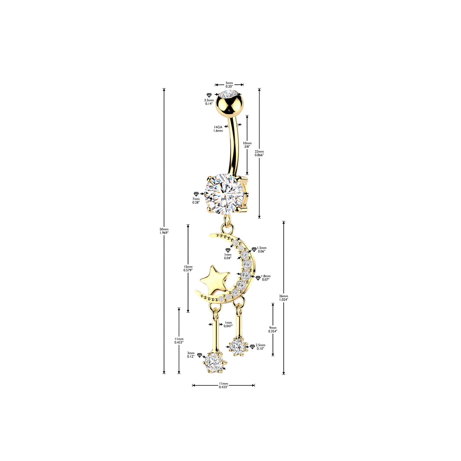 Crescent moon dangles 316L Double Jeweled Belly Ring - Pic&Mix The Body Jewellery Shop