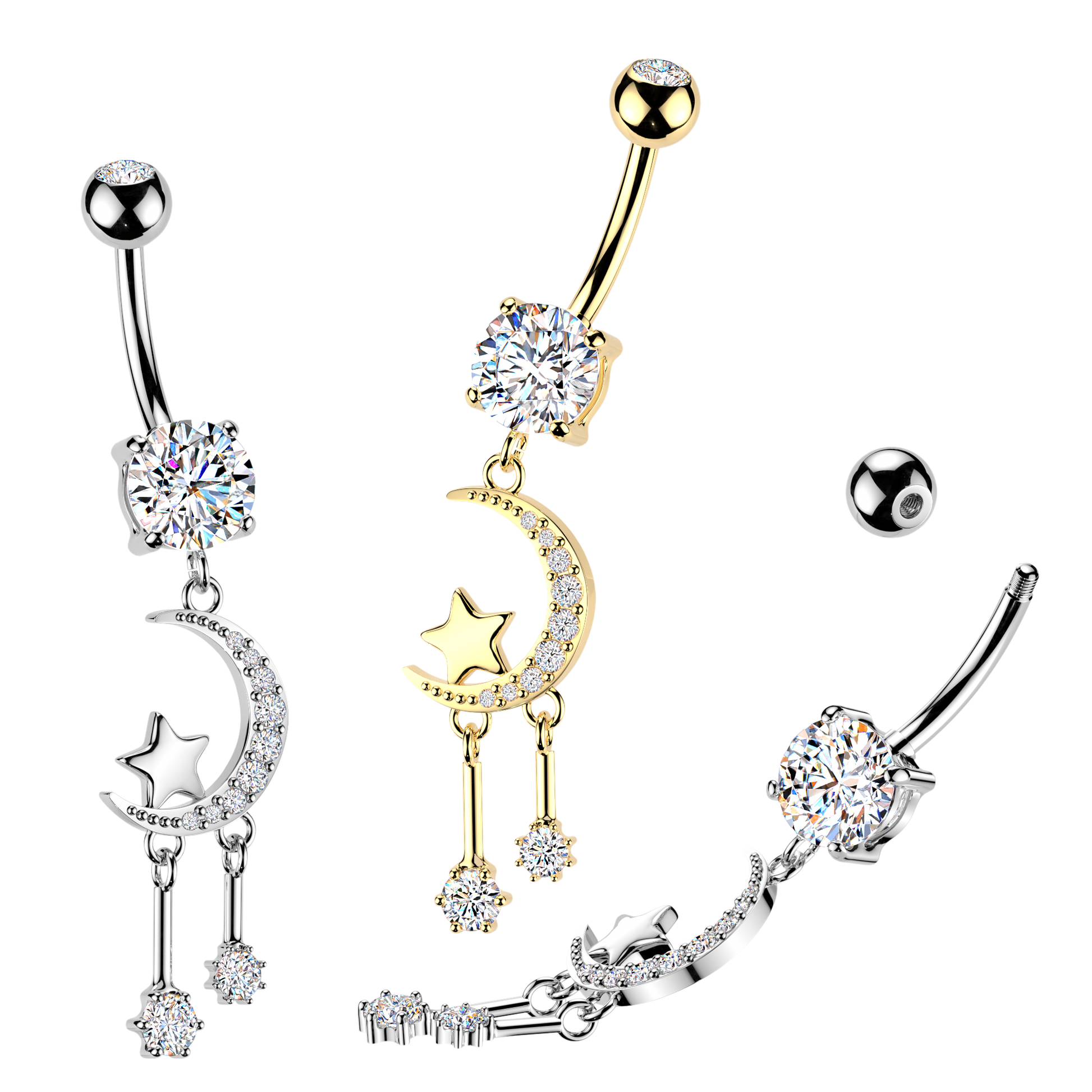 Crescent moon dangles 316L Double Jeweled Belly Ring - Pic&Mix The Body Jewellery Shop