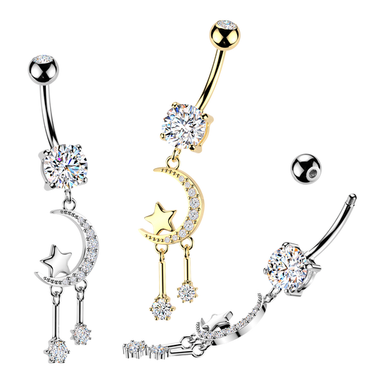 Crescent moon dangles 316L Double Jeweled Belly Ring - Pic&Mix The Body Jewellery Shop
