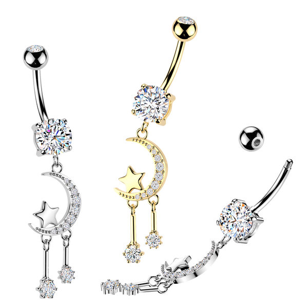 Crescent moon dangles 316L Double Jeweled Belly Ring