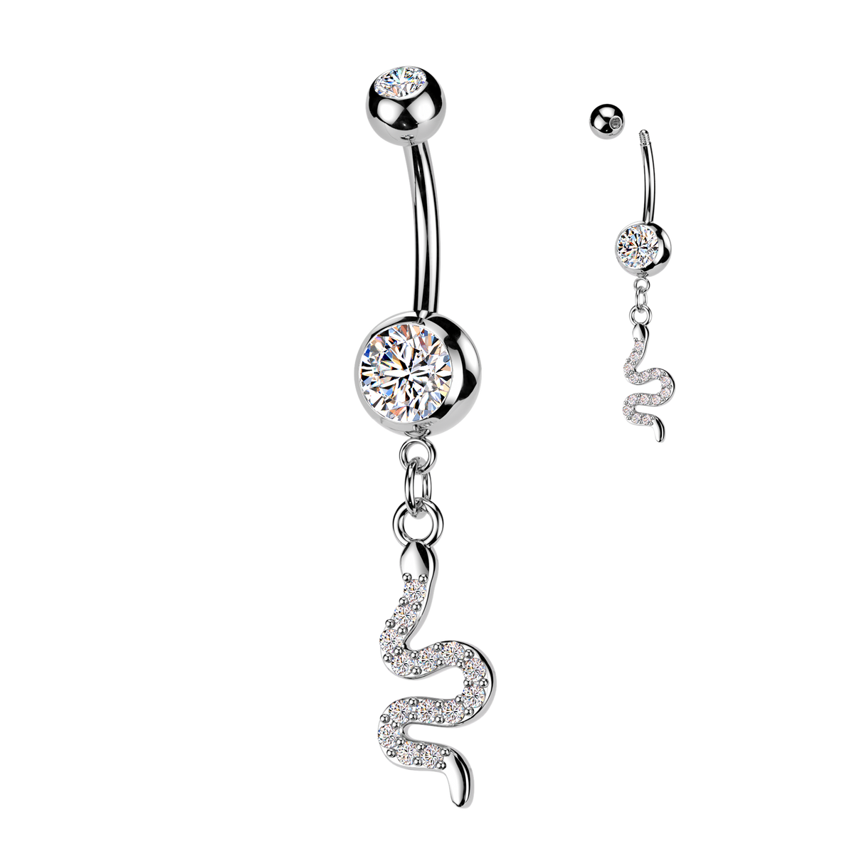 316L Double Jeweled Belly Ring With Pave CZ Snake Dangle