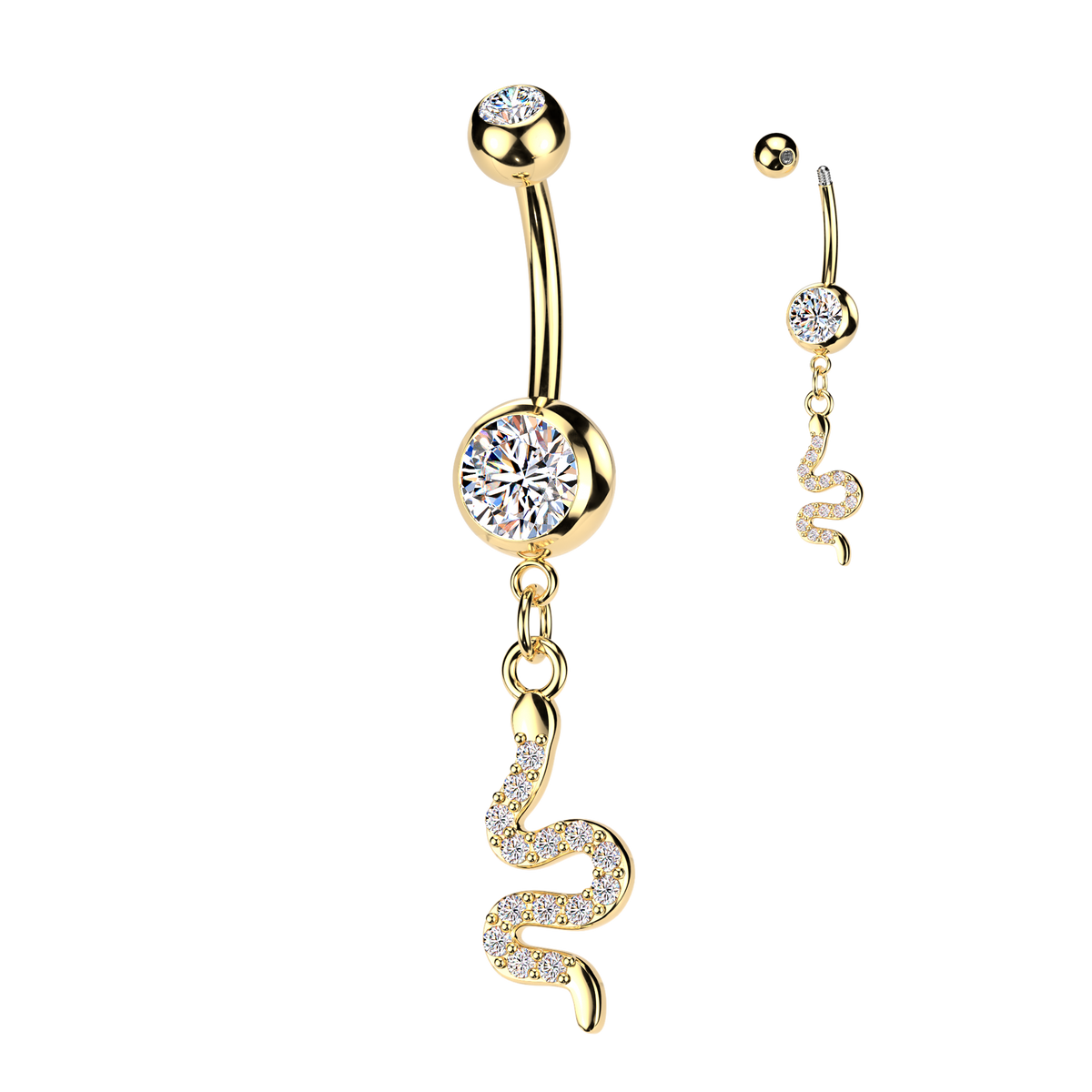 316L Double Jeweled Belly Ring With Pave CZ Snake Dangle