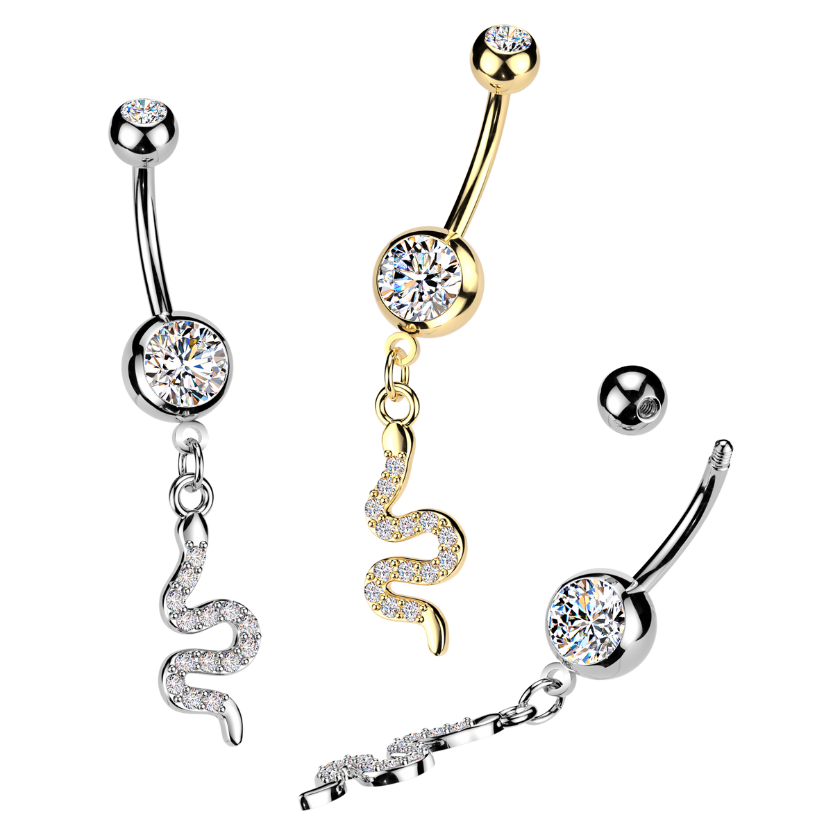 316L Double Jeweled Belly Ring With Pave CZ Snake Dangle