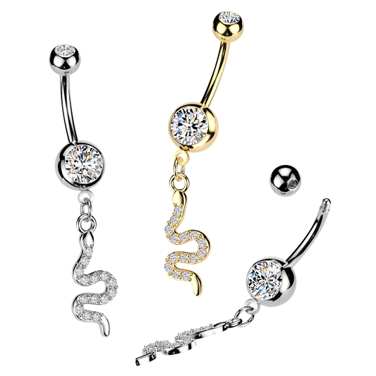 316L Double Jeweled Belly Ring With Pave CZ Snake Dangle