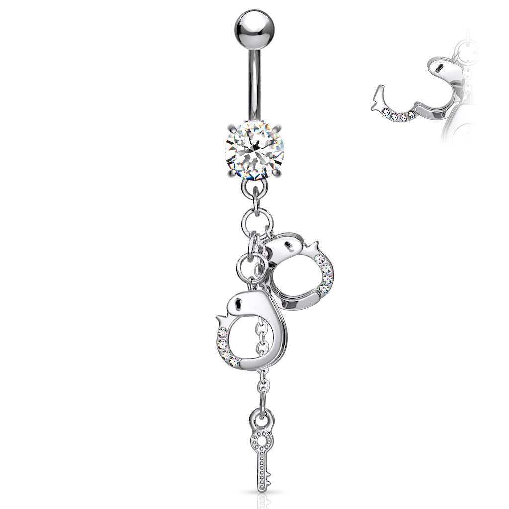 316L Surgical Steel Dangling Gem Handcuffs and Key Prong Set Belly Button Ring - Pic&Mix The Body Jewellery Shop