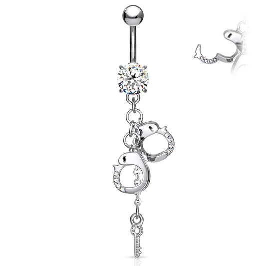 316L Surgical Steel Dangling Gem Handcuffs and Key Prong Set Belly Button Ring - Pic&Mix The Body Jewellery Shop