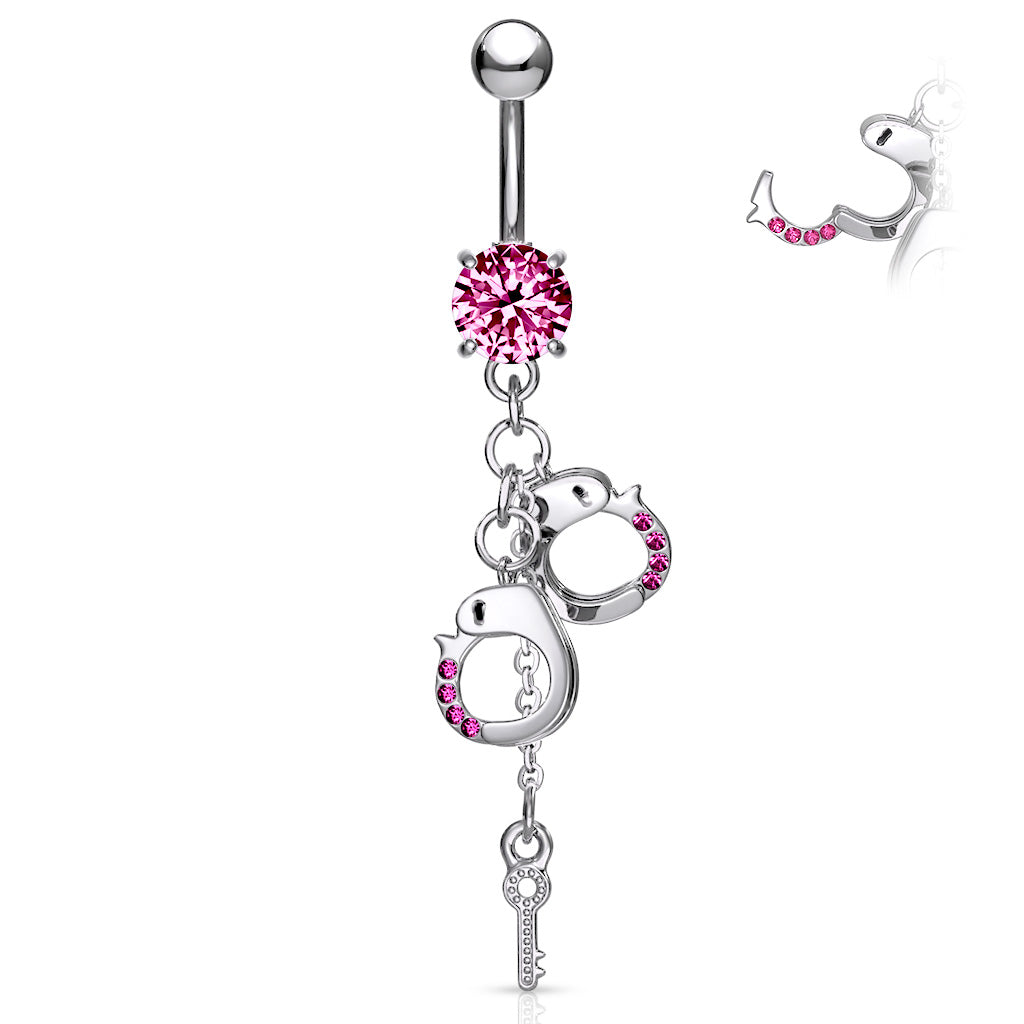 316L Surgical Steel Dangling Gem Handcuffs and Key Prong Set Belly Button Ring