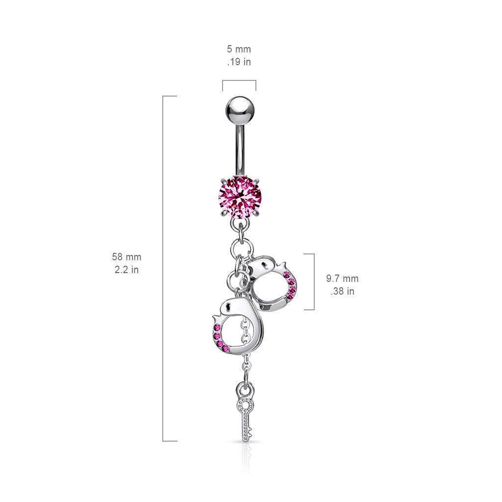 316L Surgical Steel Dangling Gem Handcuffs and Key Prong Set Belly Button Ring
