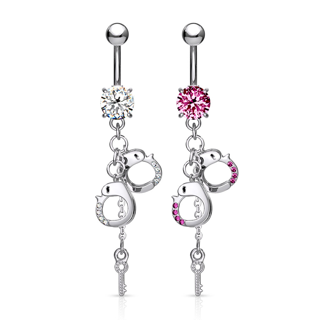 316L Surgical Steel Dangling Gem Handcuffs and Key Prong Set Belly Button Ring